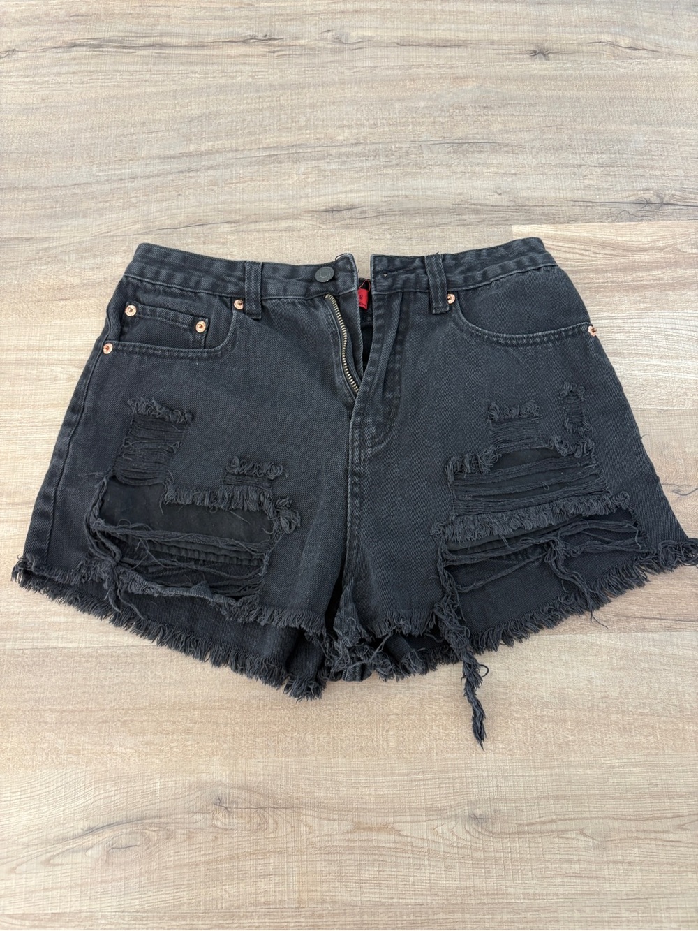 Black Distressed High-Waist Denim Shorts - Unbranded